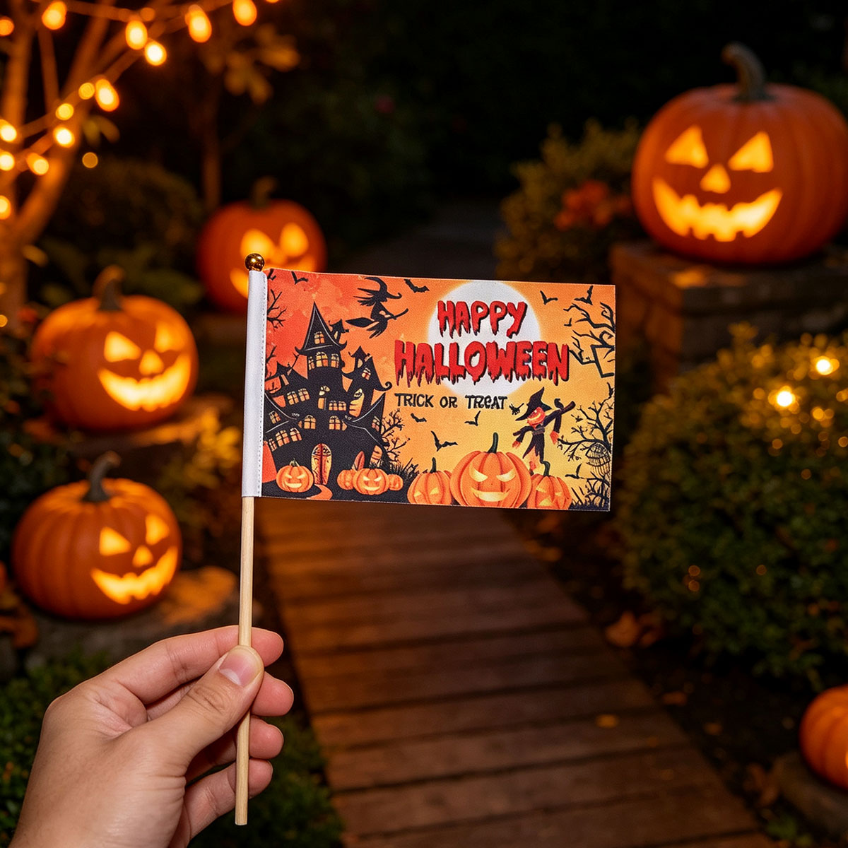 Halloween Flag Hand-held Stick Flags 5x8 Inch Pumpkin Smile Mini Flag Halloween 10 PcsMini Hand Held Stick Flags Halloween Party Decoration