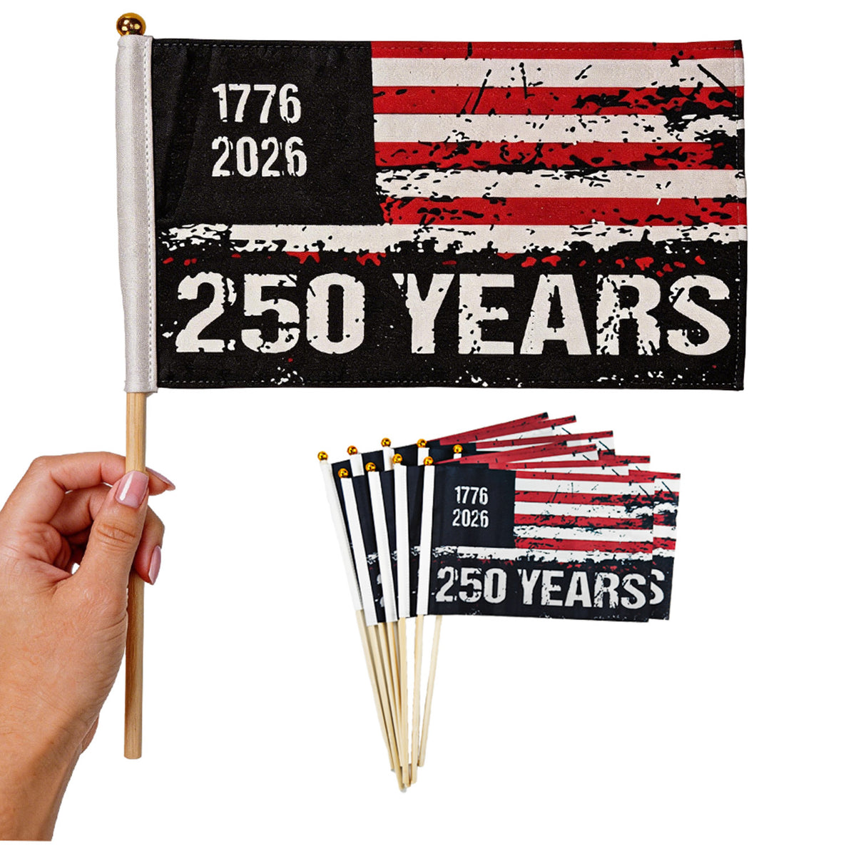 250 Years American Stick Flags, 10 Pack – 250th Anniversary Commemorative Flag, 1776-2026, July 4th Decorations, Veterans Day, Patriotic Party Supplies (8x11 Inches or 5x8 Inches)