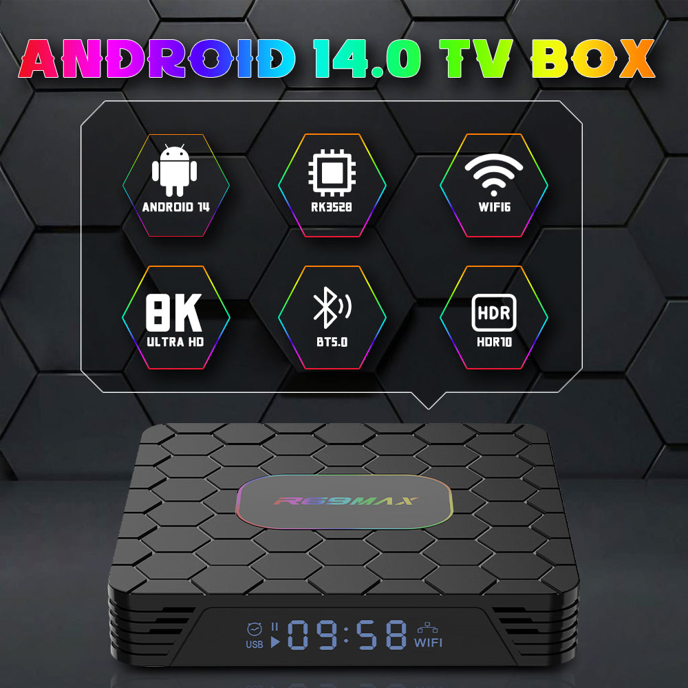 2026 New R69Max Android 14 TV Box, RK3528 Quad‑Core 4GB RAM 32GB/64GB ROM, WiFi6 BT5.0, 8K Ultra‑HD Coaxial Smart Media Player