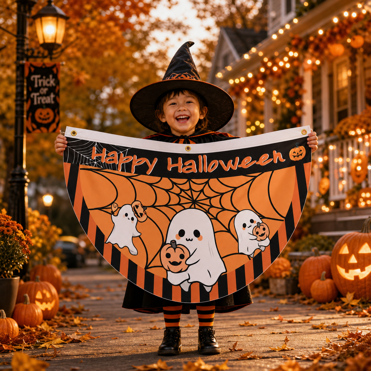 Halloween Flags Outdoor Bunting Fan Flag Happy Halloween Bunting Flag Ghost Pumpkin Half Fan Banner Decoration for Holiday Indoor Outdoor Yard Decoration, (2Pcs) 1.5 x 3 ft