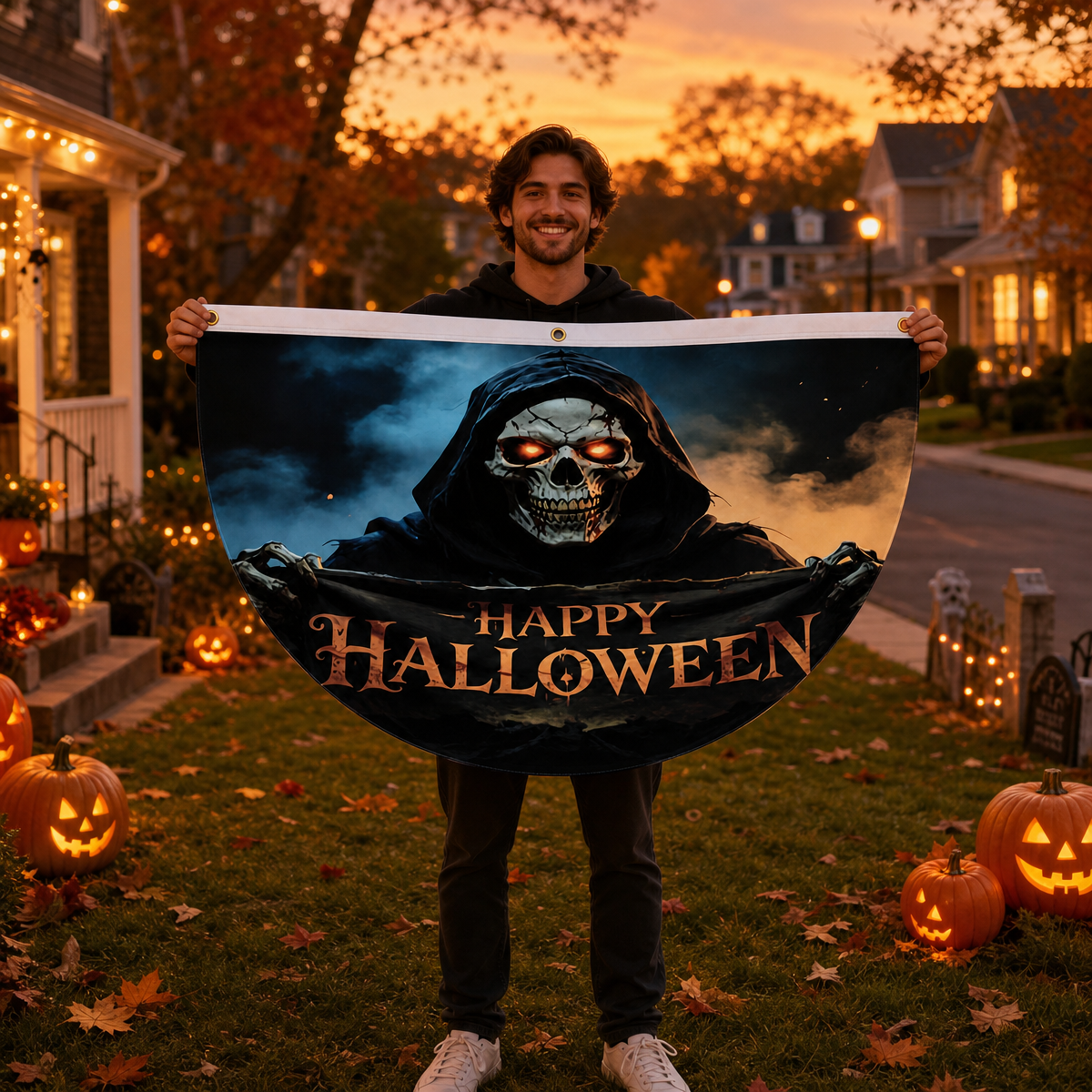 Halloween Flags Outdoor Bunting Fan Flag Happy Halloween Bunting Flag Ghost Pumpkin Half Fan Banner Decoration for Holiday Indoor Outdoor Yard Decoration, (2Pcs) 1.5 x 3 ft