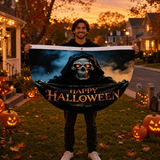 Halloween Flags Outdoor Bunting Fan Flag Happy Halloween Bunting Flag Ghost Pumpkin Half Fan Banner Decoration for Holiday Indoor Outdoor Yard Decoration, (2Pcs) 1.5 x 3 ft