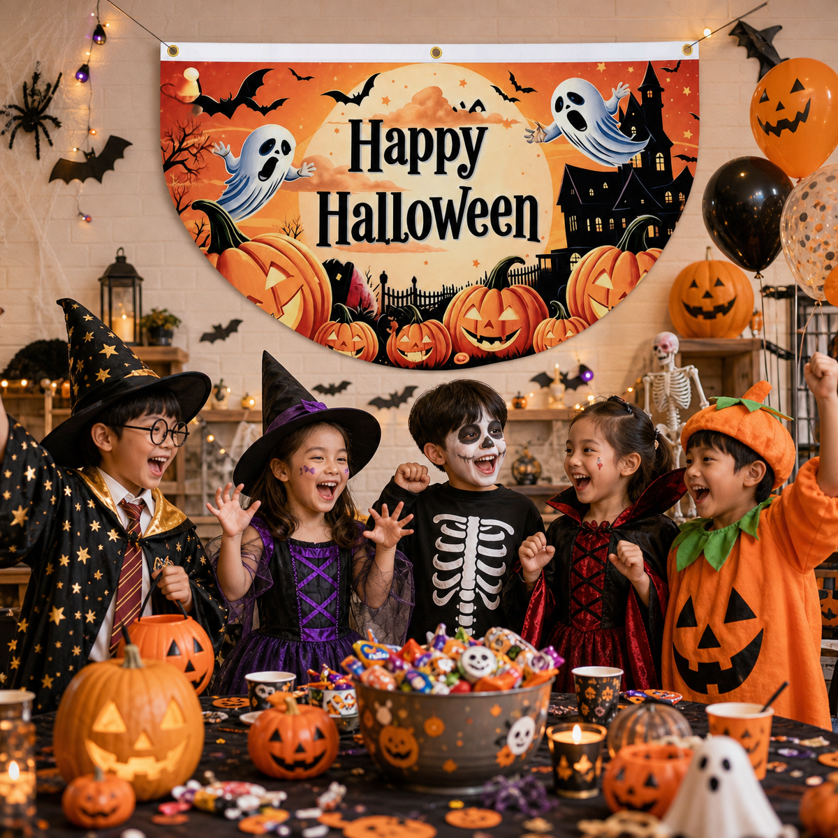 Halloween Flags Outdoor Bunting Fan Flag Happy Halloween Bunting Flag Ghost Pumpkin Half Fan Banner Decoration for Holiday Indoor Outdoor Yard Decoration, (2Pcs) 1.5 x 3 ft