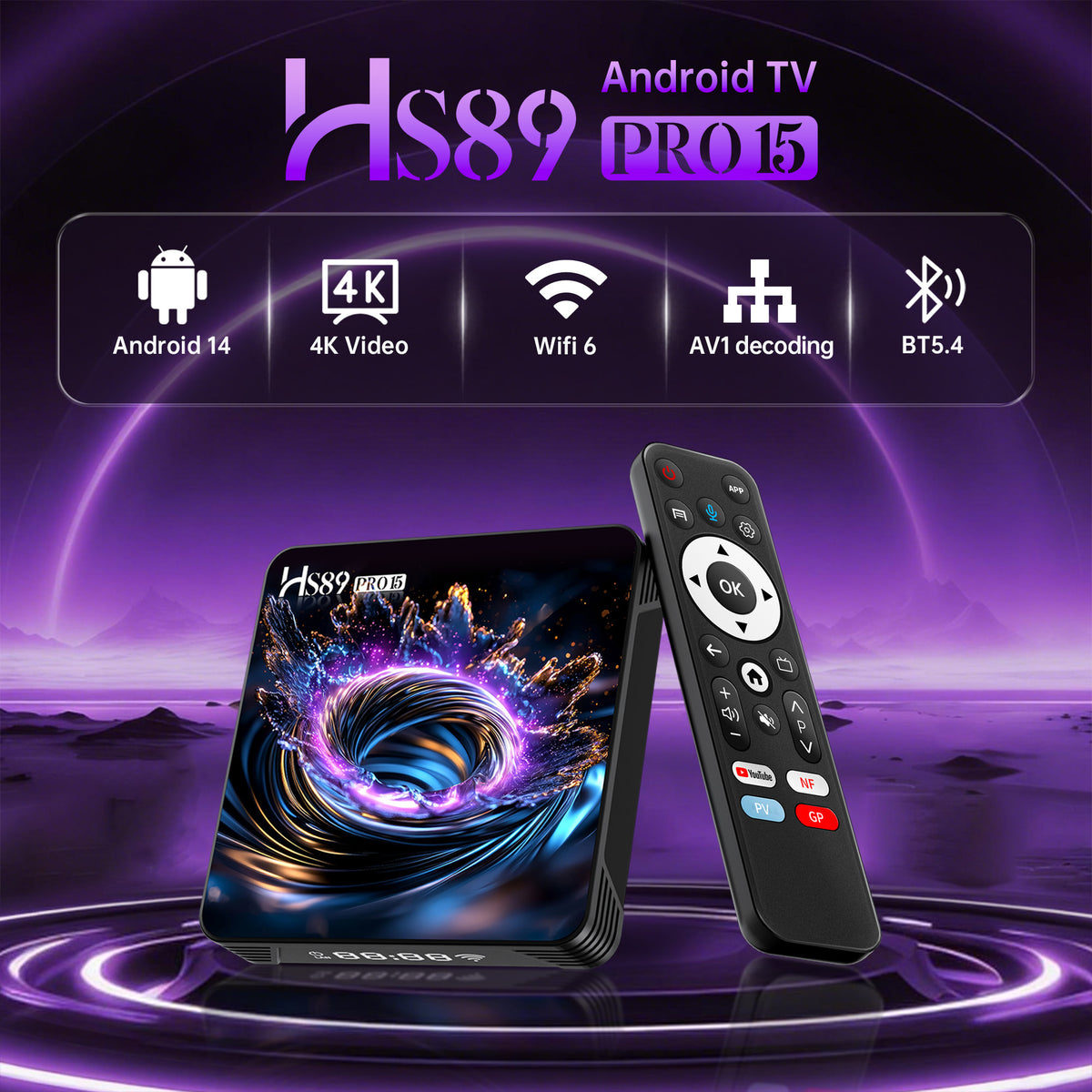 2026 Latest HS89 PRO 15 Smart Set‑Top‑Box, Rockchip RK3539 Quad‑Core, Android 14, 4GB RAM 32GB ROM, Dual‑Band WiFi 6, Bluetooth, 4K UHD With Bluetooth Remote‑Control Streaming Player