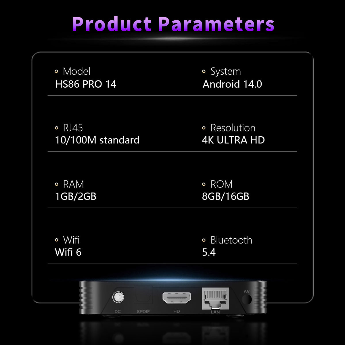 2026 New HS86 PRO14 Smart Set‑Top‑Box, Rockchip RK3518 64‑Bit Quad‑Core, Android 14.0, Dual‑Band WiFi 6, Bluetooth 5.4, 2GB+16GB 4K IPTV Media Player