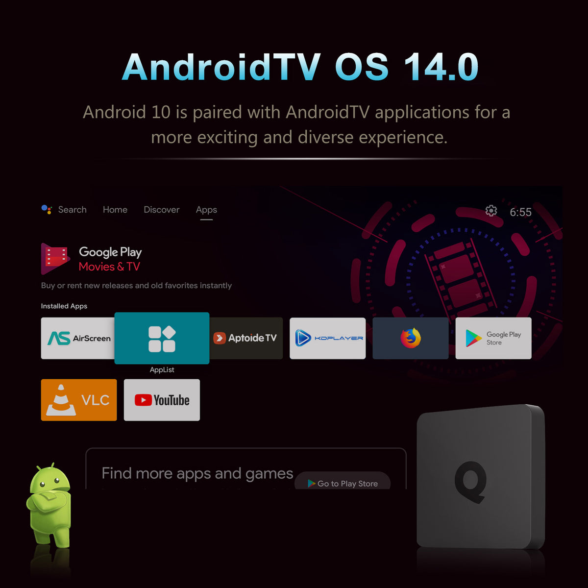 Android TV 14 Smart TV Box, Rockchip RK3518 Quad‑Core Cortex‑A53, Mali‑450 MP2, 4K@60fps HDR HDMI2.0, Dual‑Band WiFi Bluetooth5.4 KODI 18.1 Media Player