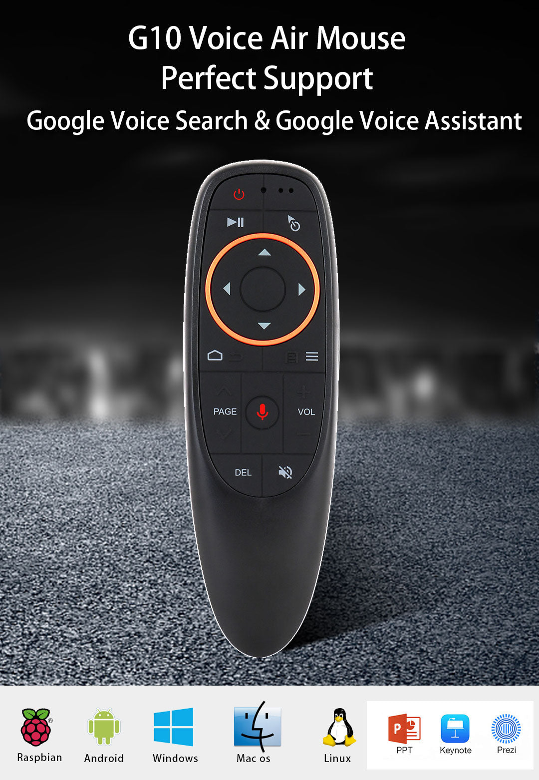 G10S 2.4G USB Wireless Air Mouse Remote, Voice Control, Six‑Axis Gyroscope, IR Fixed & Learning Code, ABS Plastic Long‑Range Air Remote for Android TV Box, PC, Projector