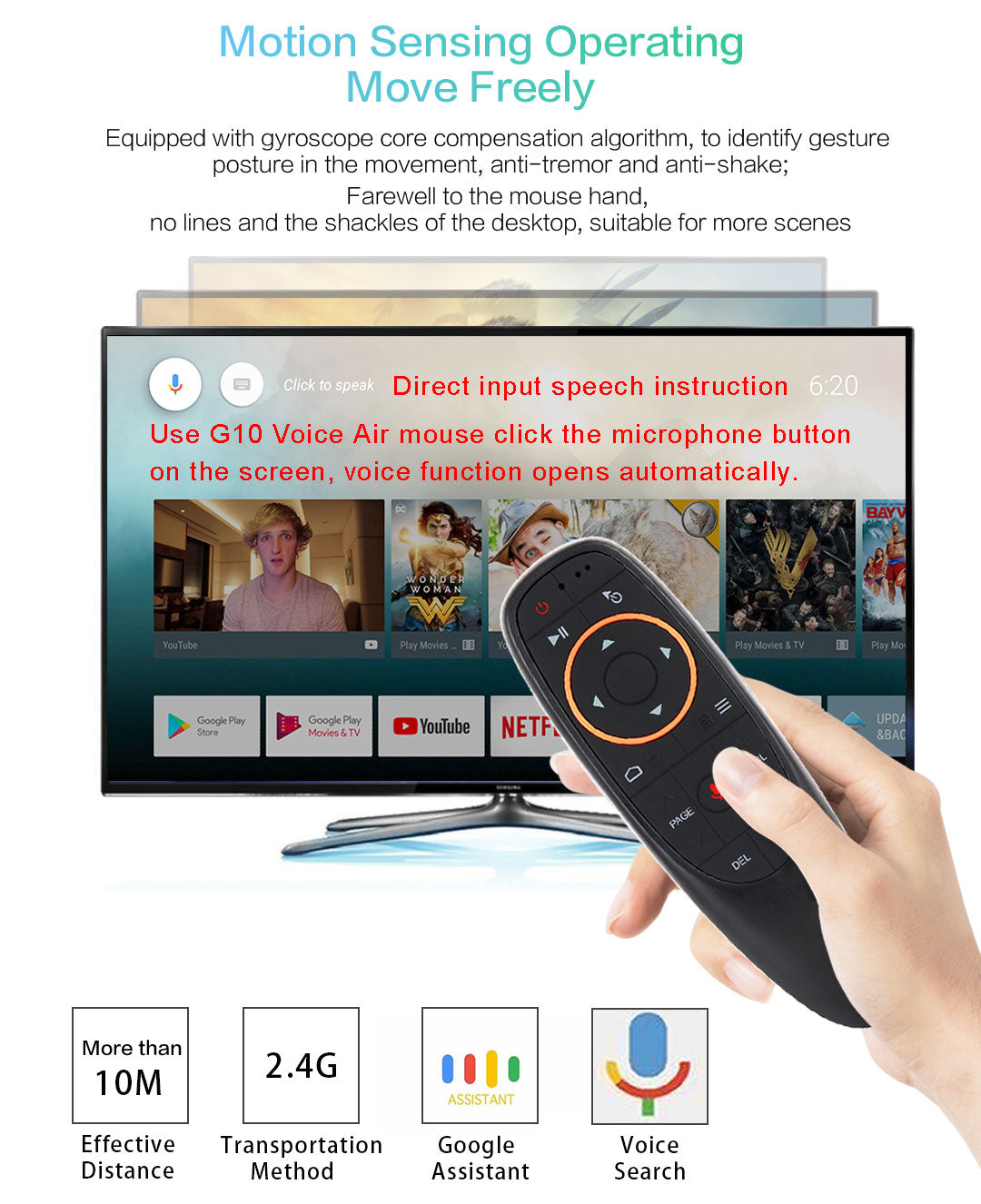 G10S 2.4G USB Wireless Air Mouse Remote, Voice Control, Six‑Axis Gyroscope, IR Fixed & Learning Code, ABS Plastic Long‑Range Air Remote for Android TV Box, PC, Projector