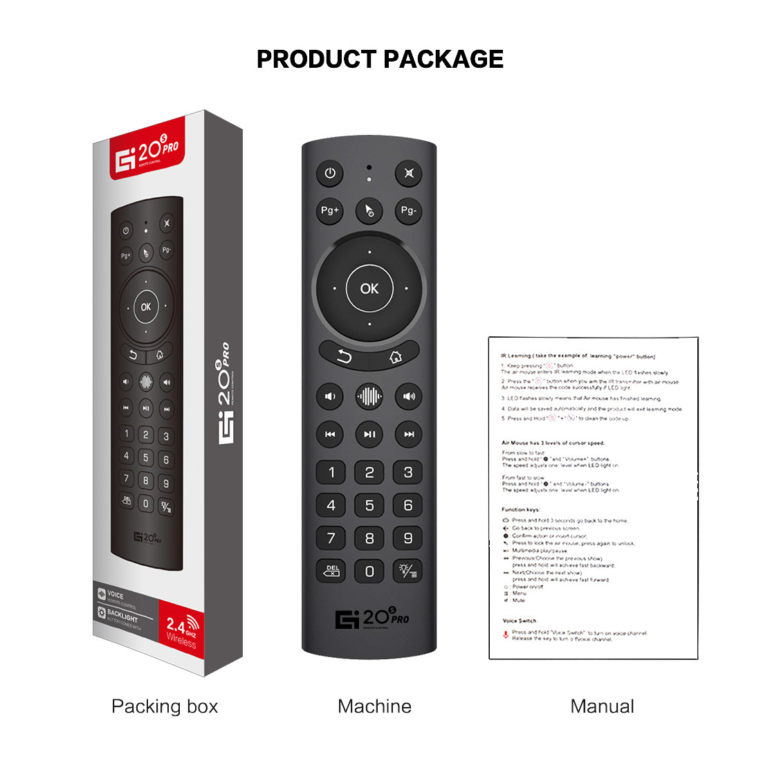 G20S PRO Air Mouse Remote Control, 2.4G & Bluetooth 5.0 Dual‑Mode, Voice Control, Backlit Keys, 4‑Way Volume Buttons for Android TV Box, Smart Projector, PC