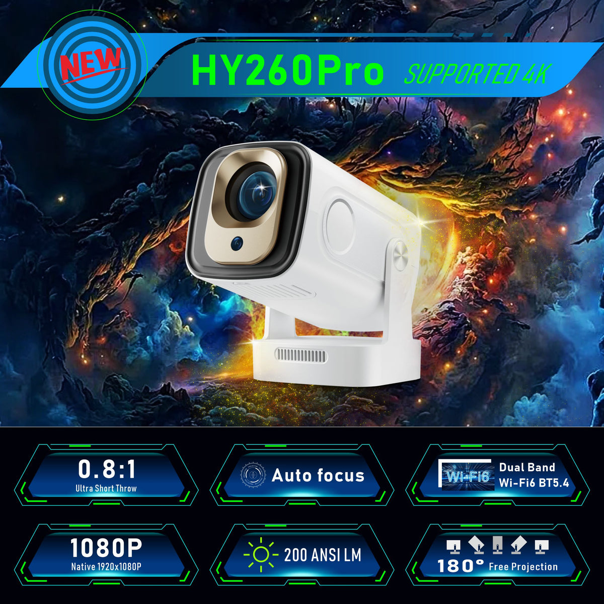 HY260 Pro Short Throw Projector, Native 1080P Full HD, 350 ANSI Lumens LCD Smart Projector, Auto Electronic Focus & Offset Correction, Portable Home Theater Projector