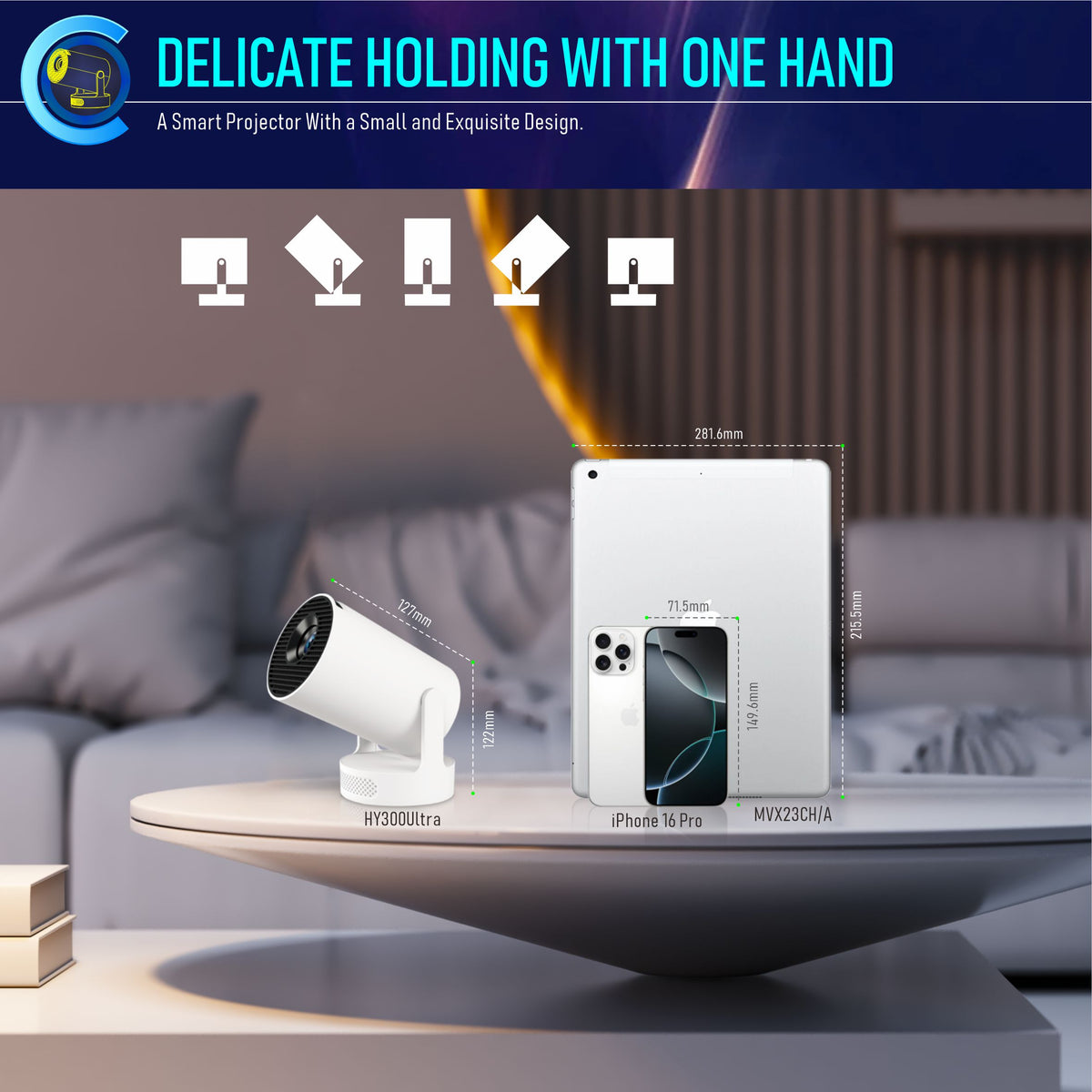 HY300 Ultra Pro Mini Projector, 4K Resolution, 170 Lumens, WiFi 6 Wireless Screen Casting, Portable Home Theater Projector