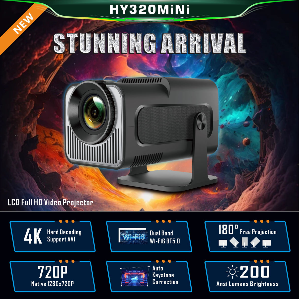 New HY320 Mini Portable Projector, 720P HD Smart Android 13 Projector, Built‑in WiFi & Bluetooth, Home Cinema Movie Projector for Indoor Entertainment