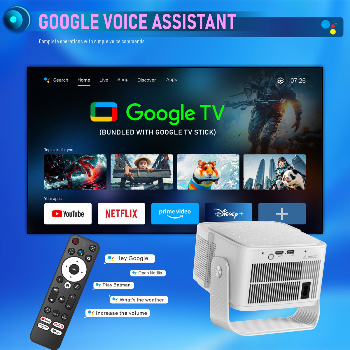 HY350 GTV Max LED Smart Projector, Native 1080P Full HD, 500 ANSI Lumens, Android 14, 2GB+16GB, Portable Home Theater Projector with Built‑in Speaker & Remote Control