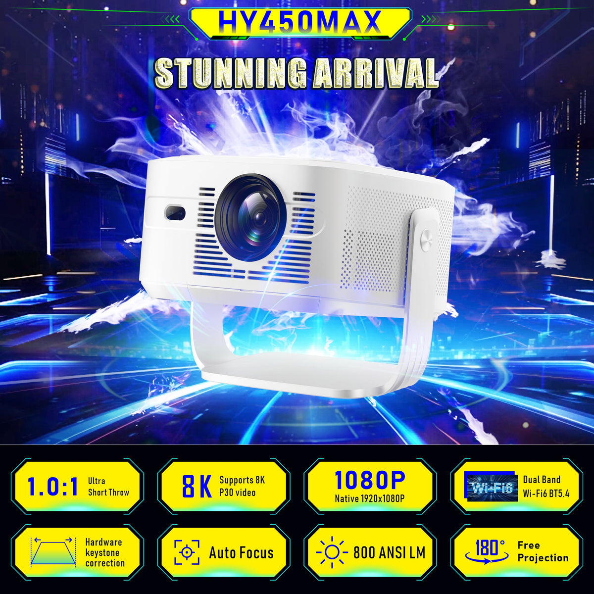HY450max Smart Android Projector, 2GB RAM Portable Video Projector, Home Theater & Outdoor Movie Projector for Business and Indoor‑Outdoor Entertainment