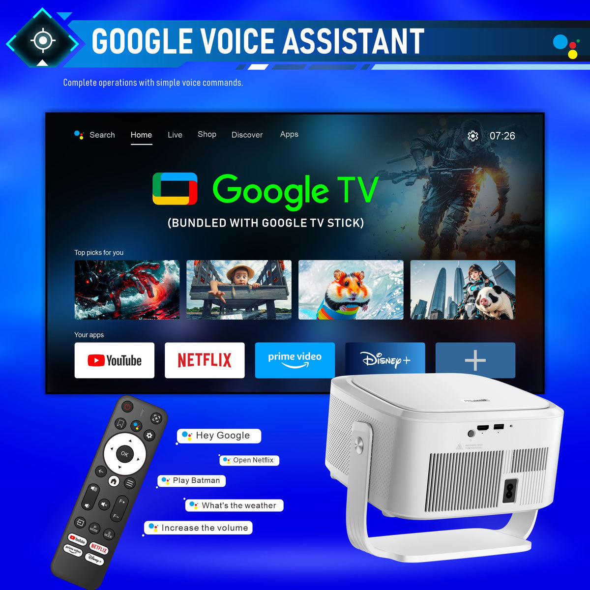 1080P HD Projector, 800 ANSI Lumens, HY450MAX-GTV with Built-in Google TV Dongle, 10W HiFi Speaker, WiFi Wireless Home Theater Projector