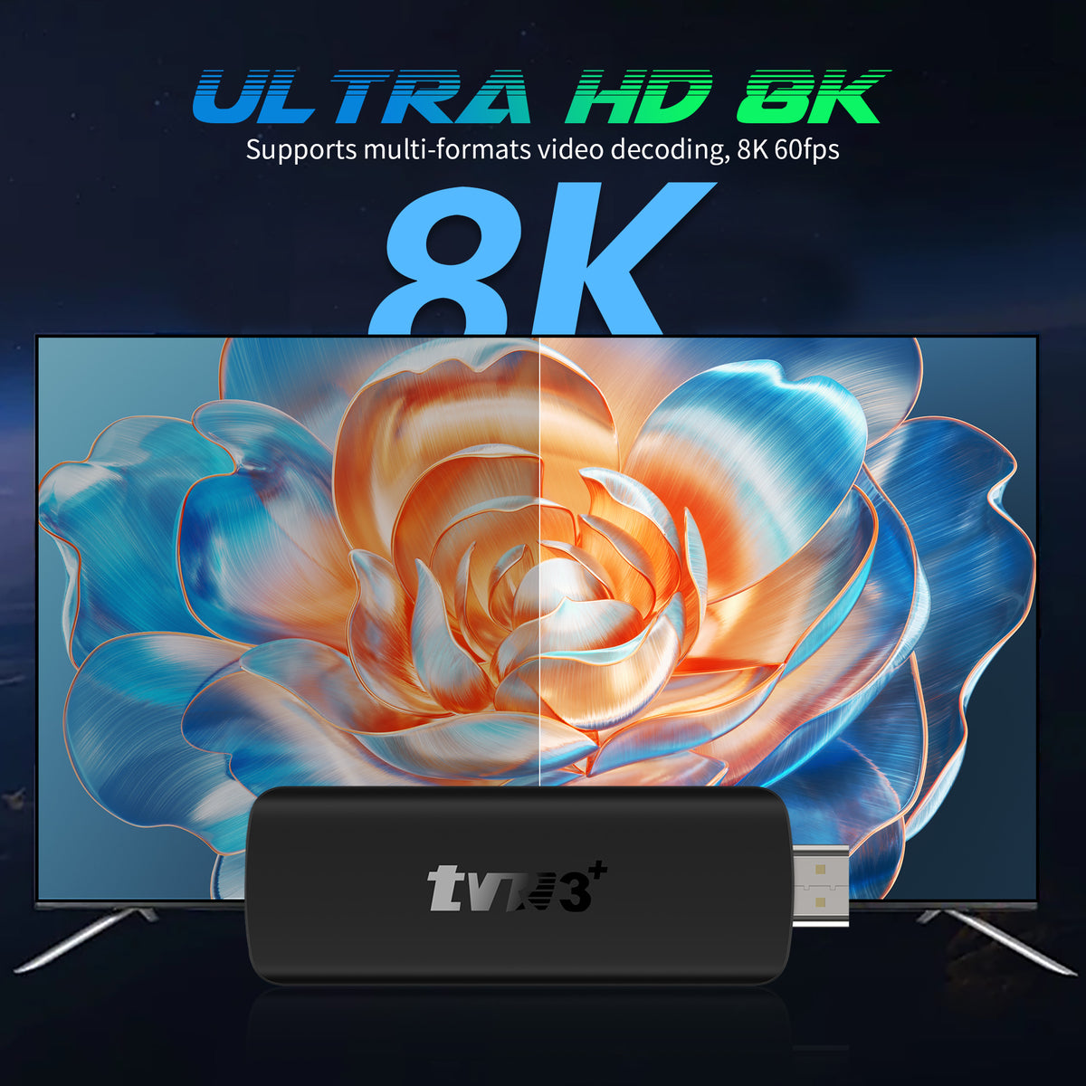 New TVR3 Plus TV Stick, Android 14.0 System, RK3518 Processor, Dual Band WiFi 6, 8K Ultra HD Media Player Dongle with Voice‑Activated Remote