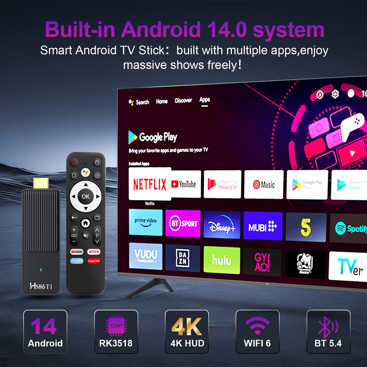 2026 New HS86 T1 4K Smart TV‑Stick, Rockchip RK3518 Quad‑Core, Android System, Dual‑Band WiFi 6, Bluetooth5.4, Voice‑Controlled Remote 4K Media Player