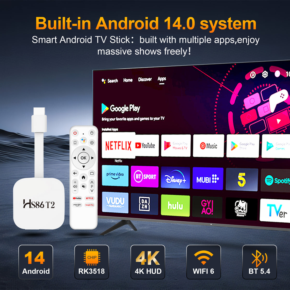 2026 New Arrival HS86 T2 Smart TV Stick, Rockchip RK3518 64‑Bit Quad‑Core, Android 14, 4K UHD, Dual‑Band WiFi 6, 2GB RAM 16GB ROM Portable Streaming Set‑Top‑Box