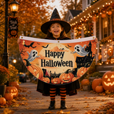 Halloween Flags Outdoor Bunting Fan Flag Happy Halloween Bunting Flag Ghost Pumpkin Half Fan Banner Decoration for Holiday Indoor Outdoor Yard Decoration, (2Pcs) 1.5 x 3 ft