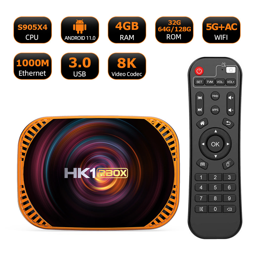 New HK1 RBOX‑X4 Smart Set‑Top‑Box, Amlogic S905X4 64‑Bit Quad‑Core, Android 11.0, 8K UHD, H.265 HEVC, Dual‑Band WiFi & Bluetooth IPTV Media Player