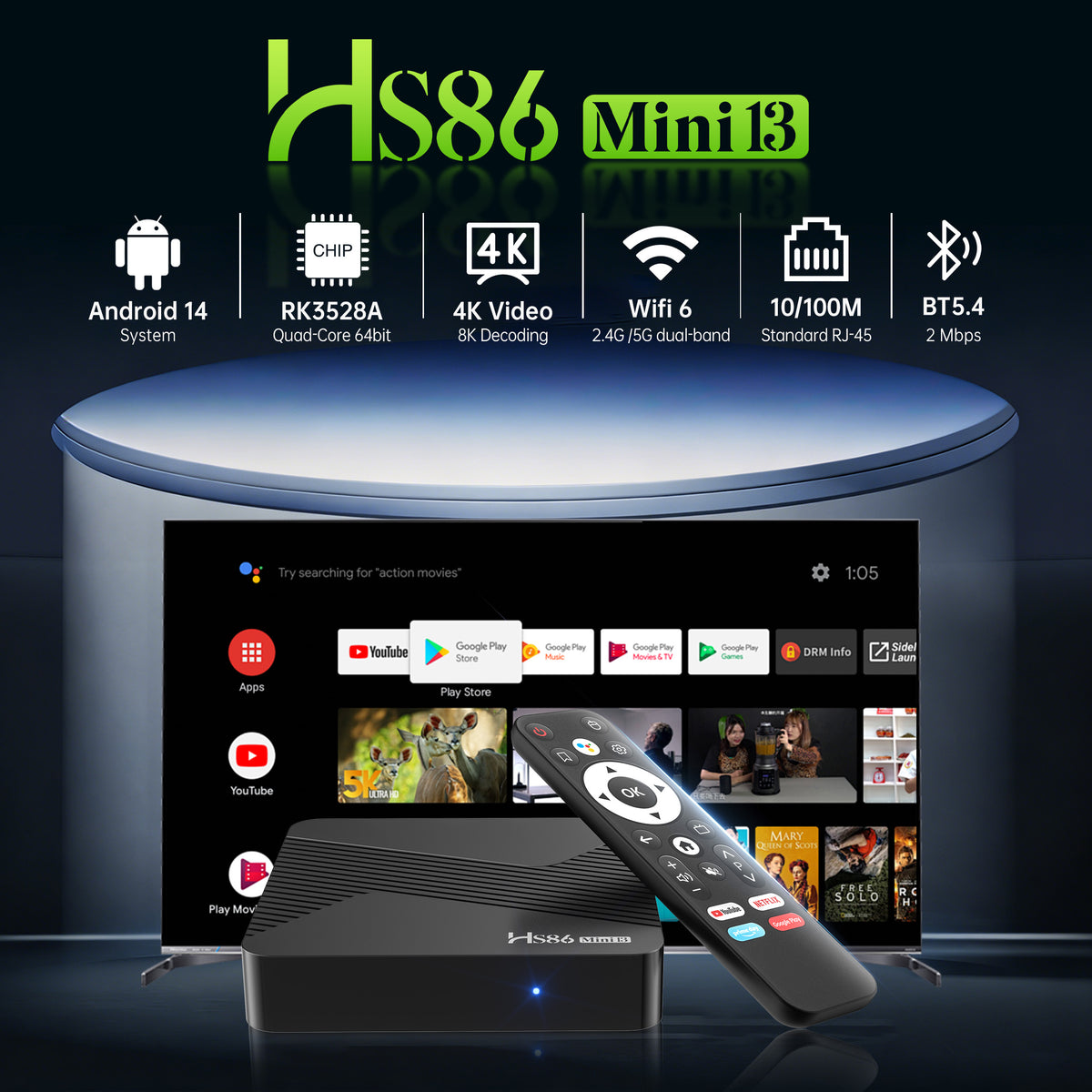 2026 New Hot‑Selling HS86 MINI13 Smart Set‑Top‑Box, Rockchip RK3528 Quad‑Core, Android 14, WiFi 6, 4GB RAM 32GB ROM, 4K HDR10 for Global Movies & Series