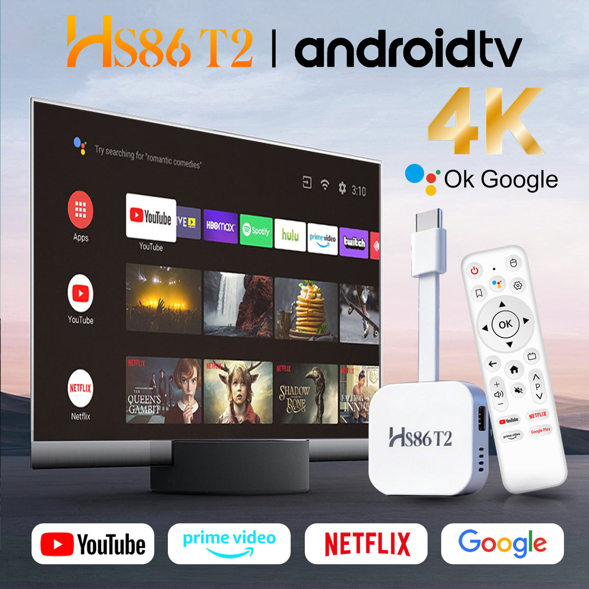 2026 New Arrival HS86 T2 Smart TV Stick, Rockchip RK3518 64‑Bit Quad‑Core, Android 14, 4K UHD, Dual‑Band WiFi 6, 2GB RAM 16GB ROM Portable Streaming Set‑Top‑Box