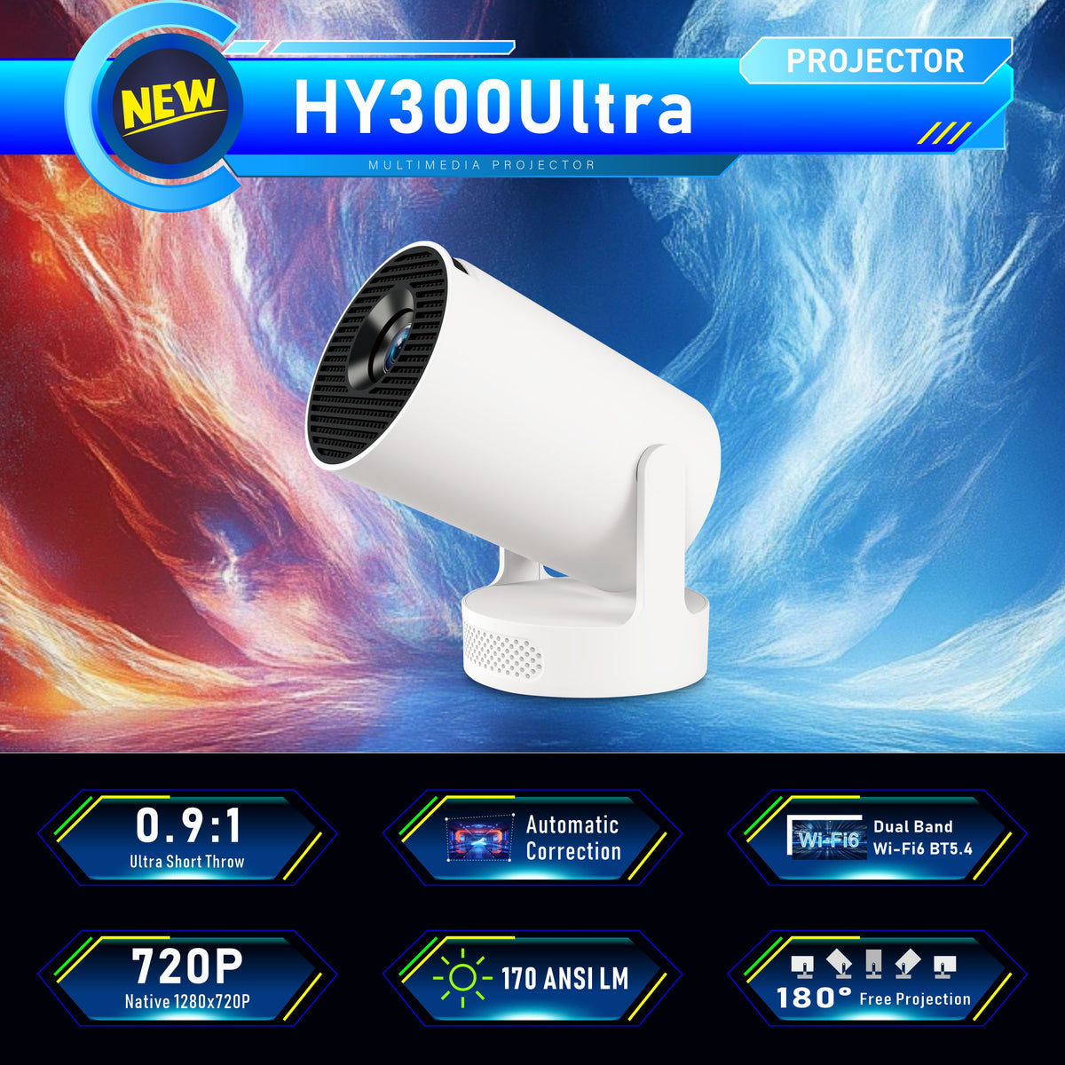 HY300 Ultra Pro Mini Projector, 4K Resolution, 170 Lumens, WiFi 6 Wireless Screen Casting, Portable Home Theater Projector