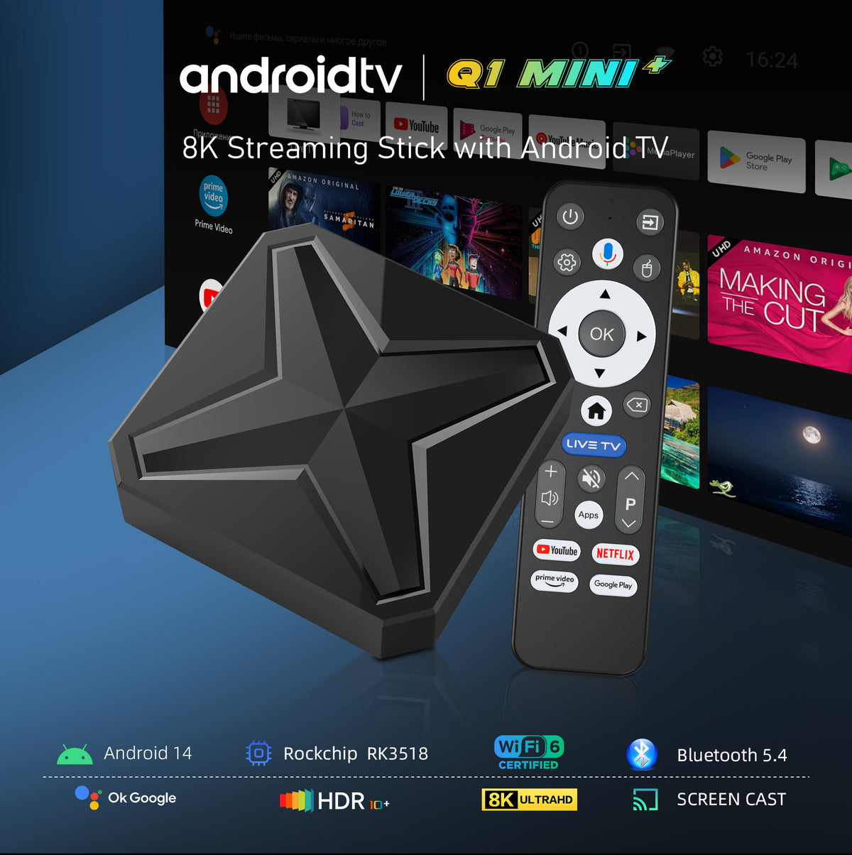 New Smart Android 14 TV Box, Rockchip RK3518 Quad‑Core Cortex‑A53, Mali‑450 MP2, WiFi6, Bluetooth5.4, 8K@30fps Decoding, Voice‑Remote 4K‑60fps Media Player