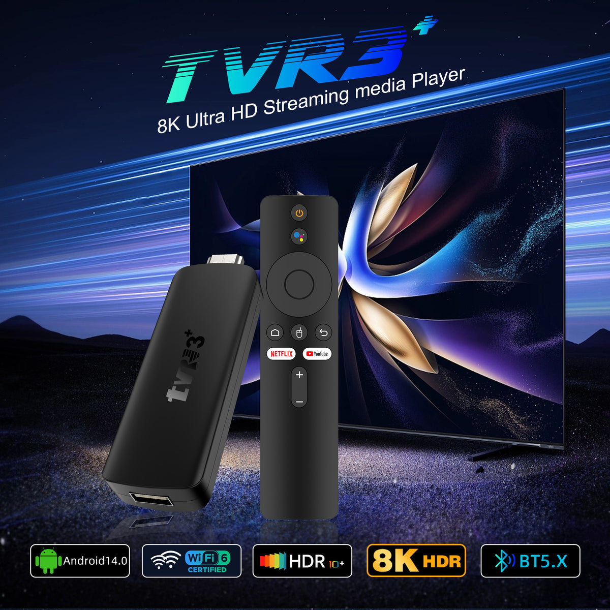 New TVR3 Plus TV Stick, Android 14.0 System, RK3518 Processor, Dual Band WiFi 6, 8K Ultra HD Media Player Dongle with Voice‑Activated Remote