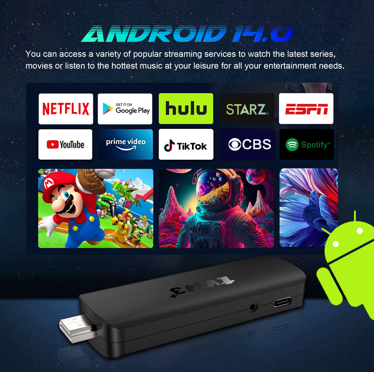 New TVR3 Plus TV Stick, Android 14.0 System, RK3518 Processor, Dual Band WiFi 6, 8K Ultra HD Media Player Dongle with Voice‑Activated Remote